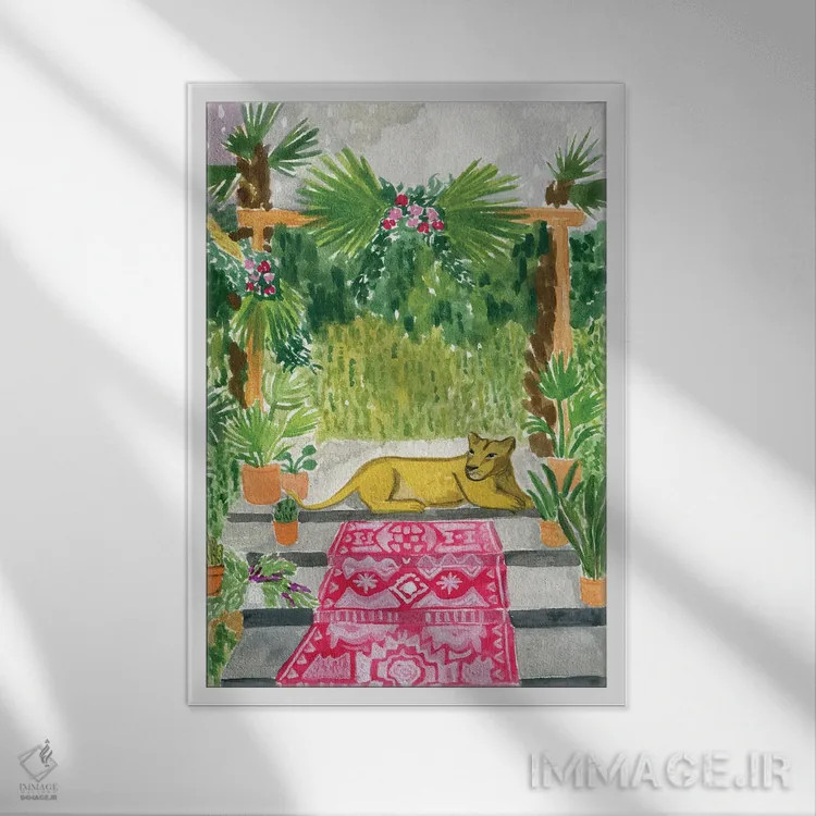 تابلو دکوراتیو شیر ماده در محراب اثر کارولین چسیا - نمای قابدار سفید