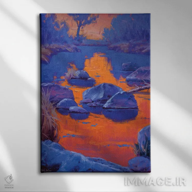 تابلو دکوراتیو مطالعه در نارنجی و آبی اثر کدی دی لانگ - نمای روبهرو روی دیوار