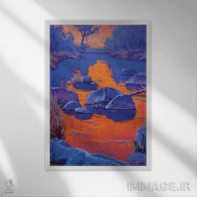 تابلو دکوراتیو مطالعه در نارنجی و آبی اثر کدی دی لانگ - نمای قابدار سفید