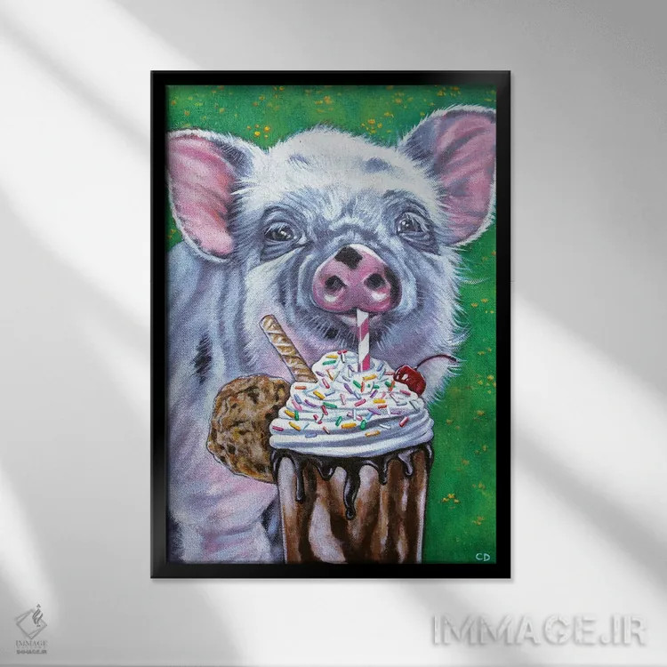 تابلو دکوراتیو خوکی اثر سیندی دودس - نمای قابدار مشکی