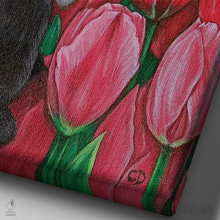 تابلو دکوراتیو خرگوش با لاله ها اثر سیندی دودس - نمای نزدیک بافت بوم