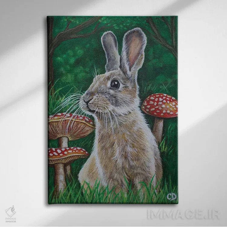 تابلو دکوراتیو خرگوش با قارچ ها اثر سیندی دودس - نمای روبهرو روی دیوار