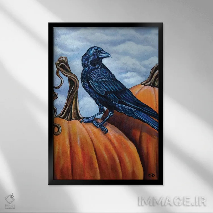 تابلو دکوراتیو کلاغ با کدو تنبل ها اثر سیندی دودس - نمای قابدار مشکی