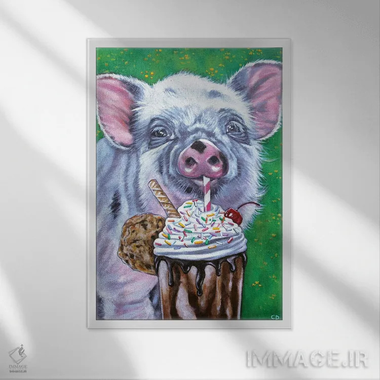 تابلو دکوراتیو خوکی اثر سیندی دودس - نمای قابدار سفید