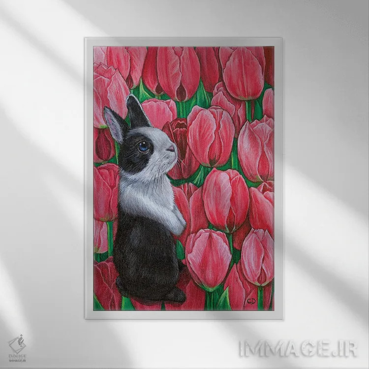 تابلو دکوراتیو خرگوش با لاله ها اثر سیندی دودس - نمای قابدار سفید