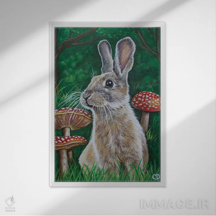 تابلو دکوراتیو خرگوش با قارچ ها اثر سیندی دودس - نمای قابدار سفید
