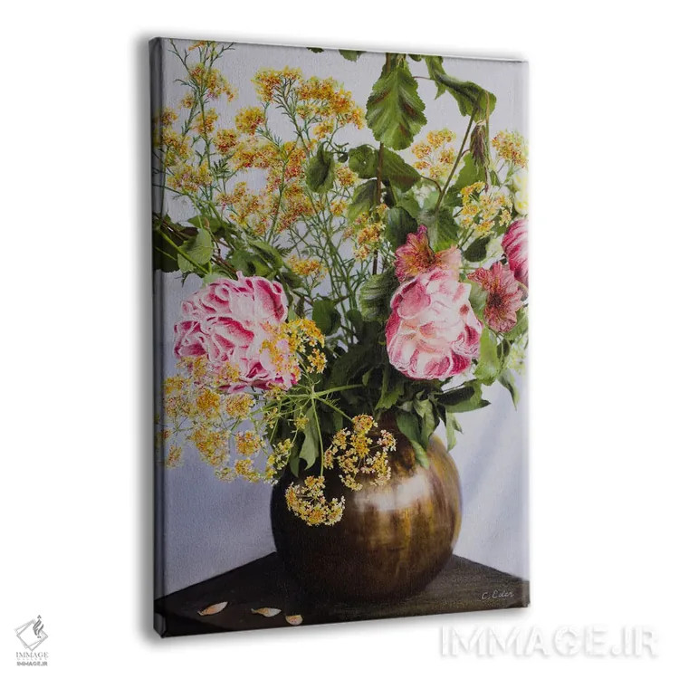 تابلو دکوراتیو گل صدتومانی در گلدان اثر شارلوت ادر - نمای پرسپکتیو محصول