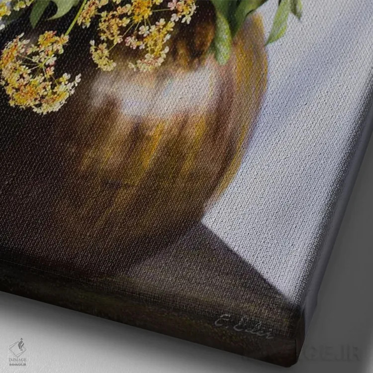 تابلو دکوراتیو گل صدتومانی در گلدان اثر شارلوت ادر - نمای نزدیک بافت بوم