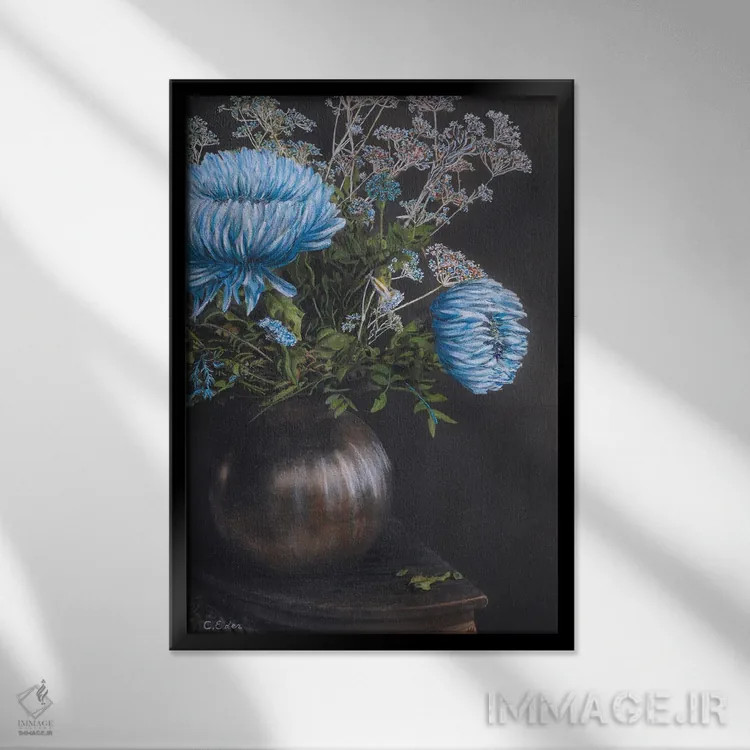 تابلو دکوراتیو طبیعت بی جان آبی اثر شارلوت ادر - نمای قابدار مشکی