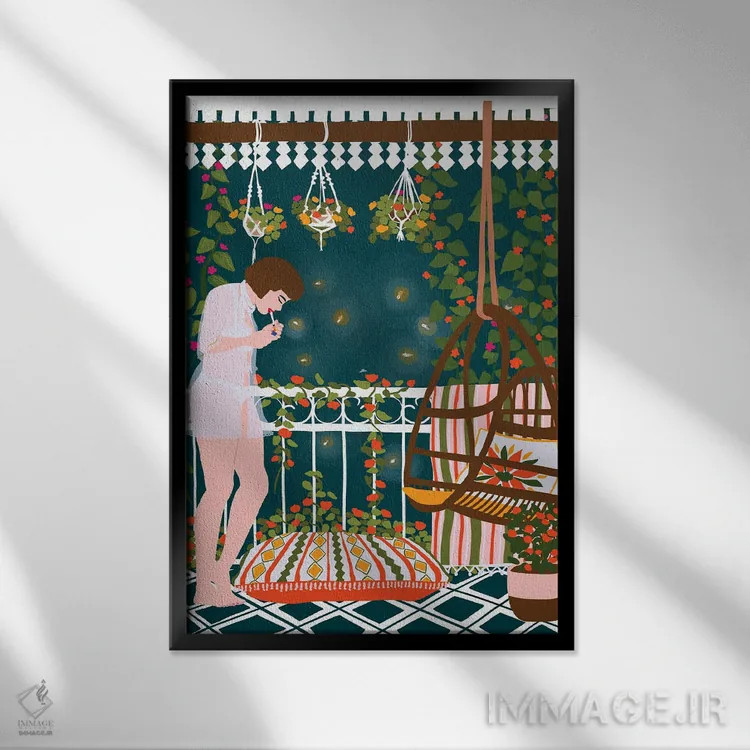 تابلو دکوراتیو کرم شب تاب اثر جیدا الاسار - نمای قابدار مشکی