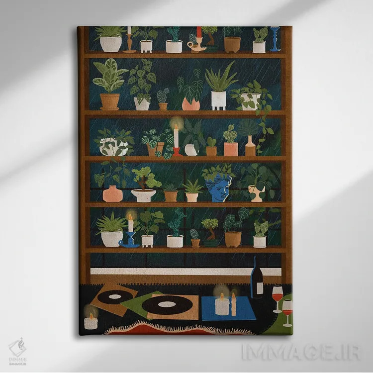 تابلو دکوراتیو قفسه های گیاهان شب بارانی اثر جیدا الاسار - نمای روبهرو روی دیوار