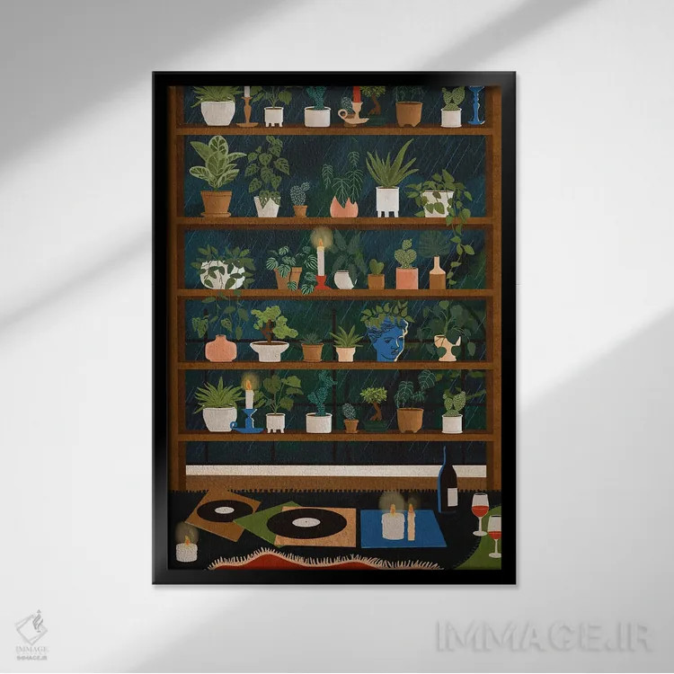 تابلو دکوراتیو قفسه های گیاهان شب بارانی اثر جیدا الاسار - نمای قابدار مشکی