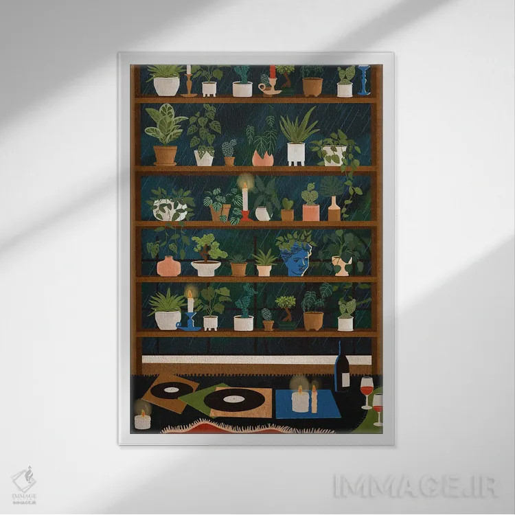 تابلو دکوراتیو قفسه های گیاهان شب بارانی اثر جیدا الاسار - نمای قابدار سفید