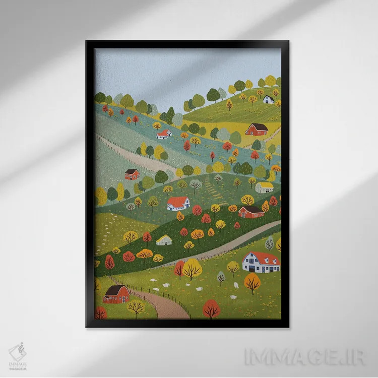 تابلو دکوراتیو روستاهای پاییزی اثر جیدا الاسار - نمای قابدار مشکی