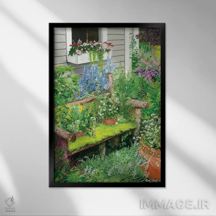 تابلو دکوراتیو نیمکت باغ بارینگتون اثر کرتیس فانک - نمای قابدار مشکی