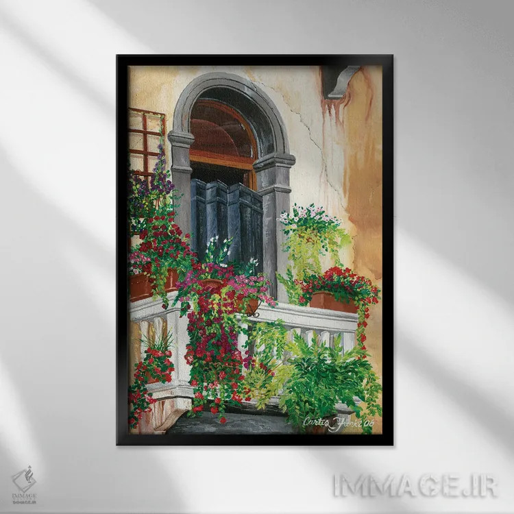 تابلو دکوراتیو بالکن گل دار ونیز اثر کرتیس فانک - نمای قابدار مشکی