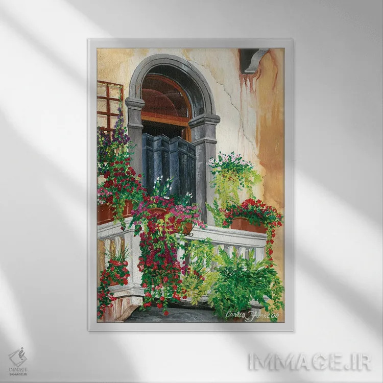 تابلو دکوراتیو بالکن گل دار ونیز اثر کرتیس فانک - نمای قابدار سفید