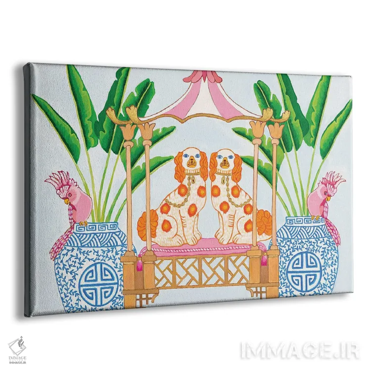 تابلو دکوراتیو سگ های استافوردشایر با پاگودا و کوزه زنجبیلی و نخل موز اثر گرین ارکید بوتیک - نمای پرسپکتیو محصول
