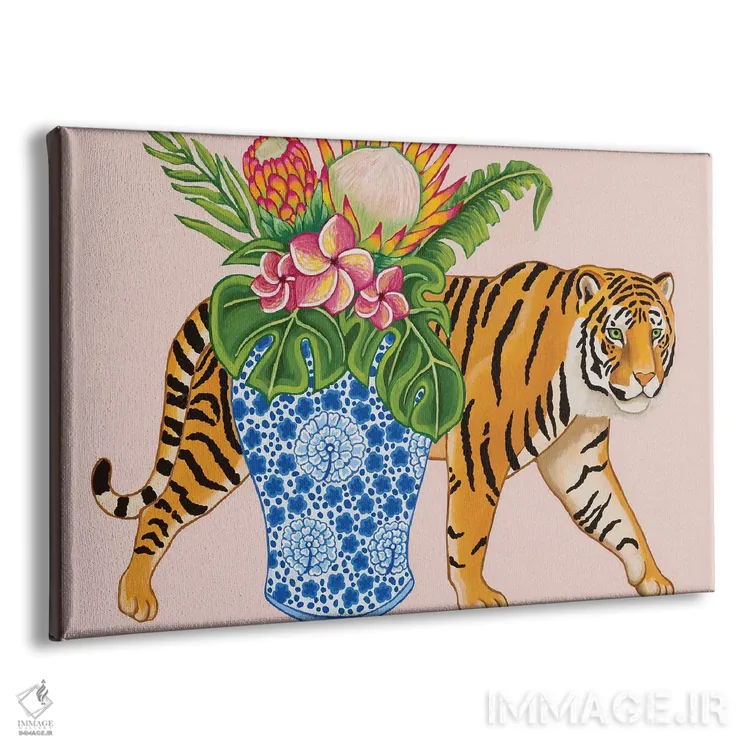 تابلو دکوراتیو ببر چینی با گلدان زنجبیلی آبی و سفید، مانسترا و پلومری… اثر گرین ارکید بوتیک - نمای پرسپکتیو محصول