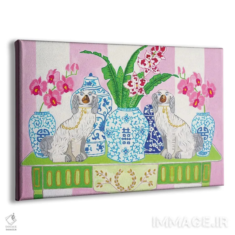 تابلو دکوراتیو سگ های استافوردشایر چینی با ارکیده ها اثر گرین ارکید بوتیک - نمای پرسپکتیو محصول