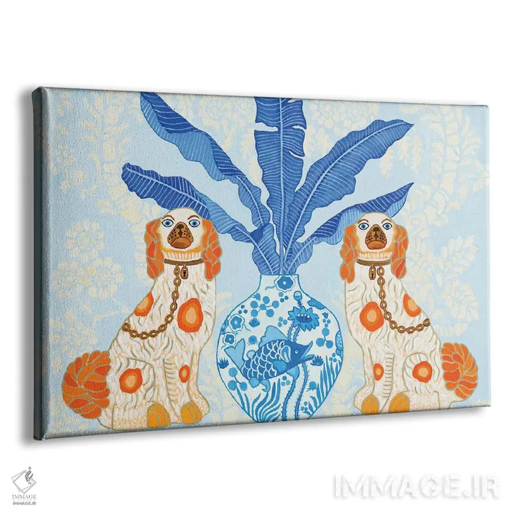 تابلو دکوراتیو سگ های استافوردشایر با کوزه زنجبیلی روی کاغذدیواری چین… اثر گرین ارکید بوتیک - نمای پرسپکتیو محصول