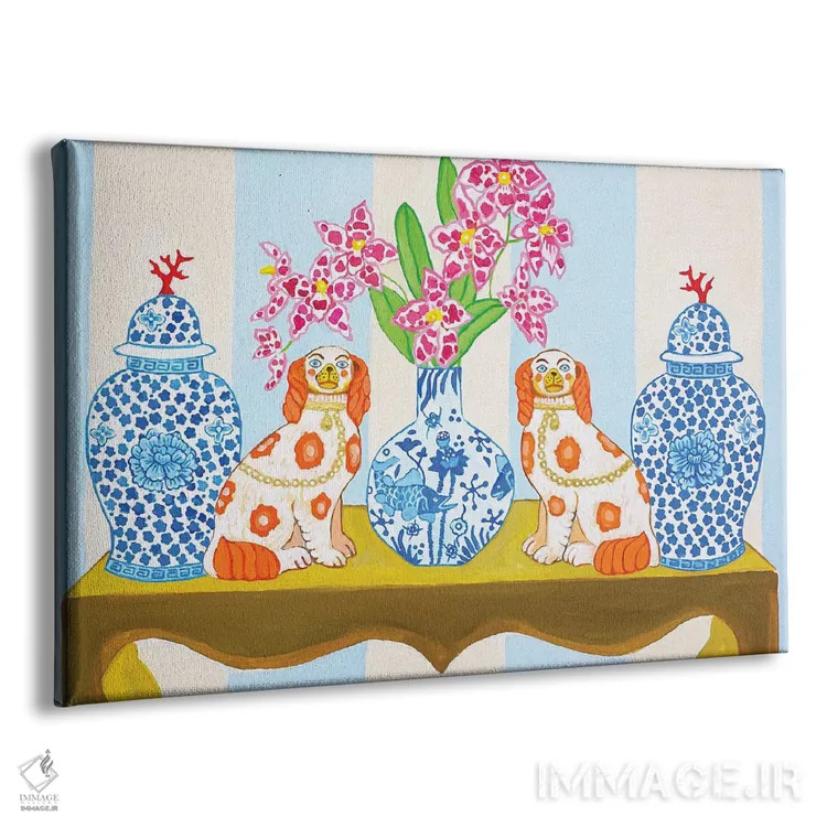 تابلو دکوراتیو سگ های استافوردشایر چینی با کوزه زنجبیلی روی راه راه آ… اثر گرین ارکید بوتیک - نمای پرسپکتیو محصول