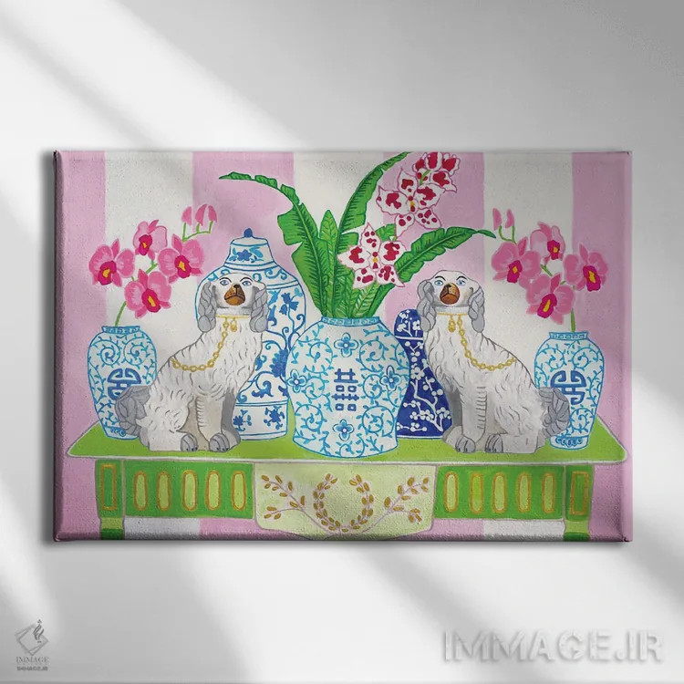 تابلو دکوراتیو سگ های استافوردشایر چینی با ارکیده ها اثر گرین ارکید بوتیک - نمای روبهرو روی دیوار
