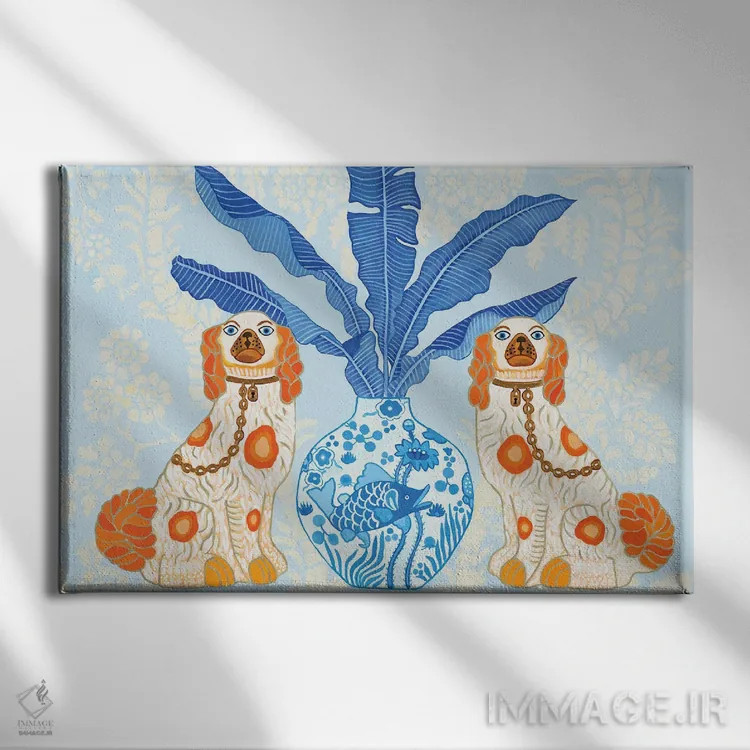 تابلو دکوراتیو سگ های استافوردشایر با کوزه زنجبیلی روی کاغذدیواری چین… اثر گرین ارکید بوتیک - نمای روبهرو روی دیوار