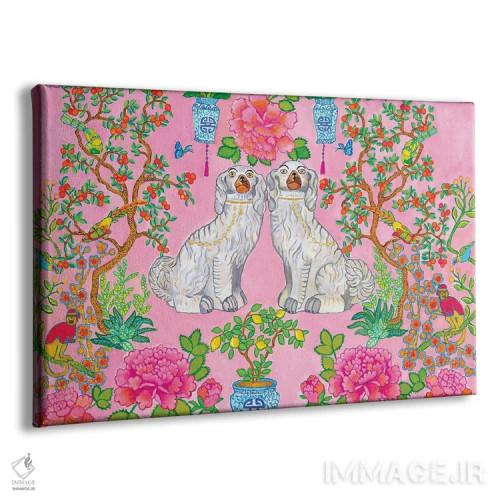 تابلو دکوراتیو سگ های استافوردشایر چینی در زمینه صورتی اثر گرین ارکید بوتیک - نمای پرسپکتیو محصول