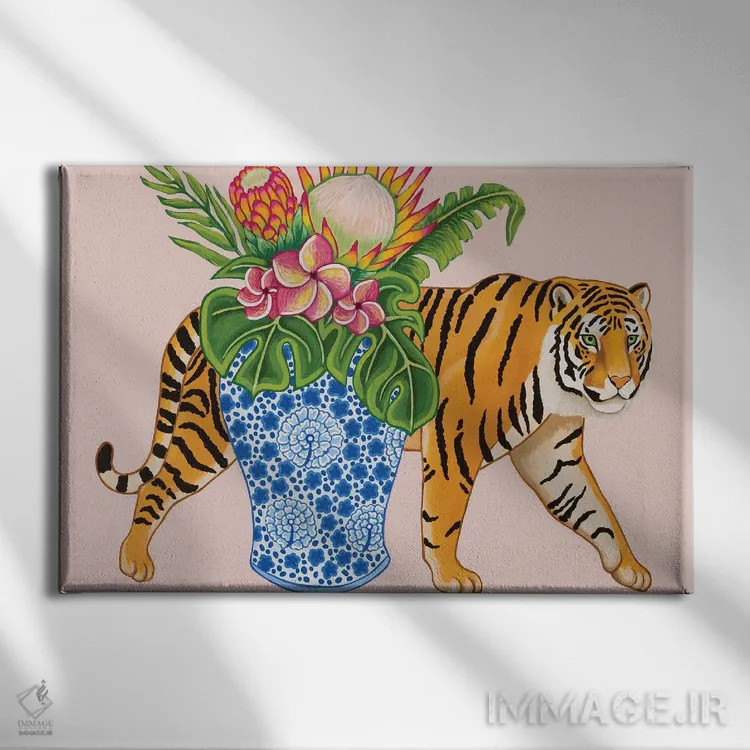 تابلو دکوراتیو ببر چینی با گلدان زنجبیلی آبی و سفید، مانسترا و پلومری… اثر گرین ارکید بوتیک - نمای روبهرو روی دیوار