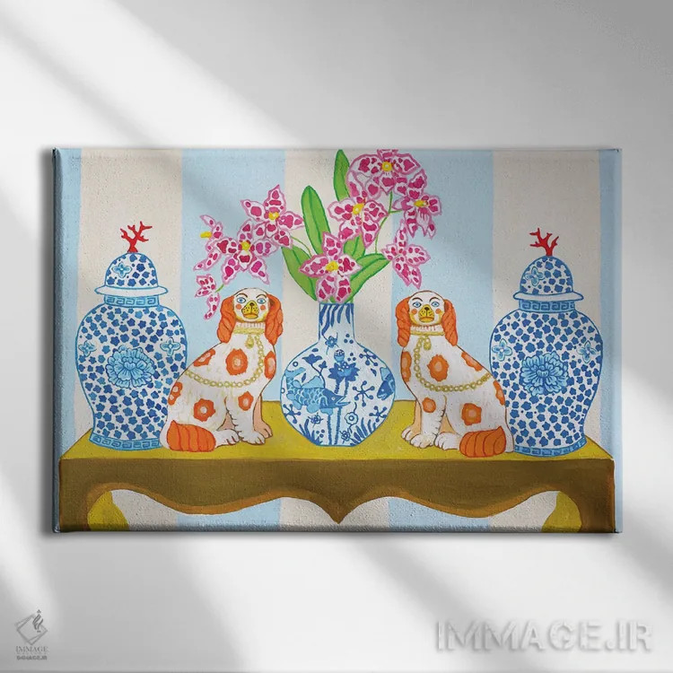 تابلو دکوراتیو سگ های استافوردشایر چینی با کوزه زنجبیلی روی راه راه آ… اثر گرین ارکید بوتیک - نمای روبهرو روی دیوار