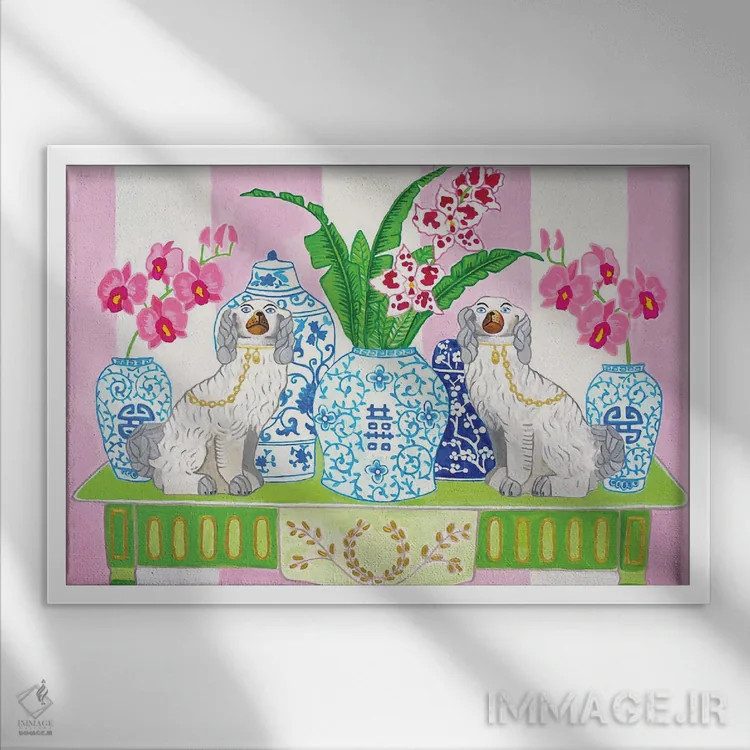 تابلو دکوراتیو سگ های استافوردشایر چینی با ارکیده ها اثر گرین ارکید بوتیک - نمای قابدار سفید