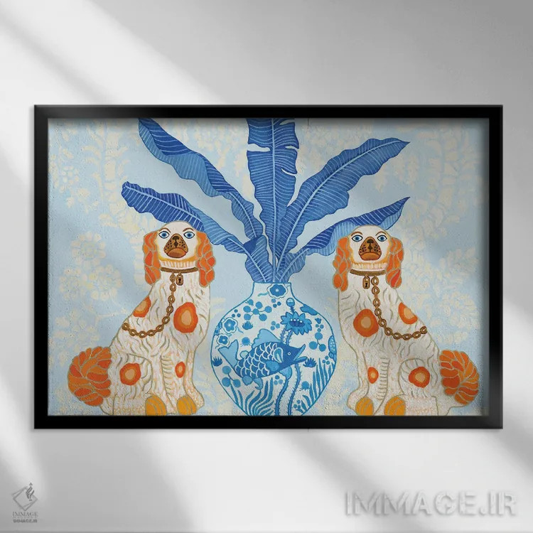 تابلو دکوراتیو سگ های استافوردشایر با کوزه زنجبیلی روی کاغذدیواری چین… اثر گرین ارکید بوتیک - نمای قابدار مشکی