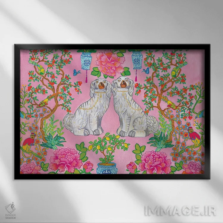 تابلو دکوراتیو سگ های استافوردشایر چینی در زمینه صورتی اثر گرین ارکید بوتیک - نمای قابدار مشکی