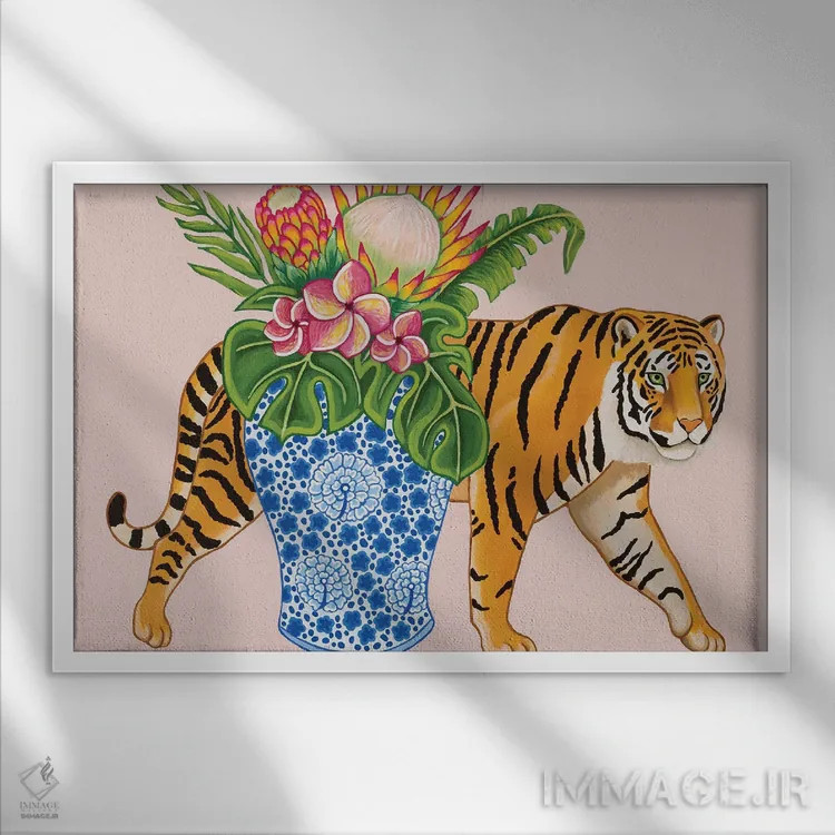 تابلو دکوراتیو ببر چینی با گلدان زنجبیلی آبی و سفید، مانسترا و پلومری… اثر گرین ارکید بوتیک - نمای قابدار سفید