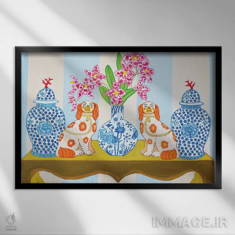 تابلو دکوراتیو سگ های استافوردشایر چینی با کوزه زنجبیلی روی راه راه آ… اثر گرین ارکید بوتیک - نمای قابدار مشکی