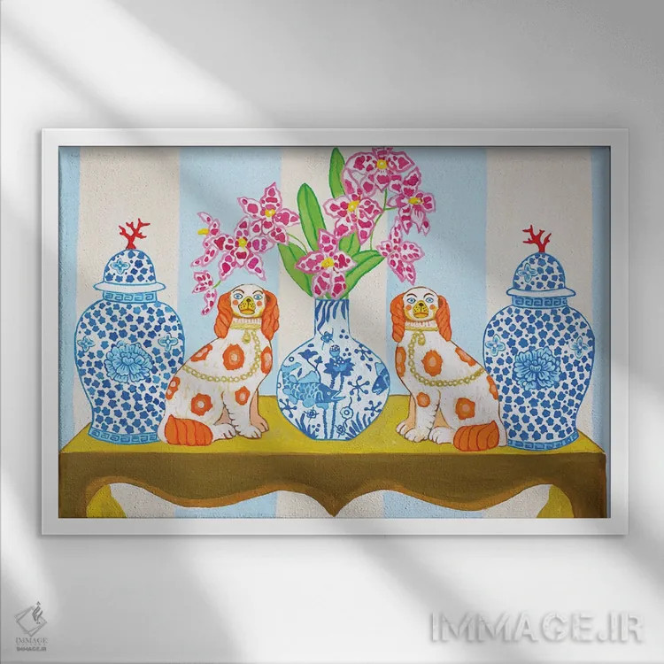 تابلو دکوراتیو سگ های استافوردشایر چینی با کوزه زنجبیلی روی راه راه آ… اثر گرین ارکید بوتیک - نمای قابدار سفید