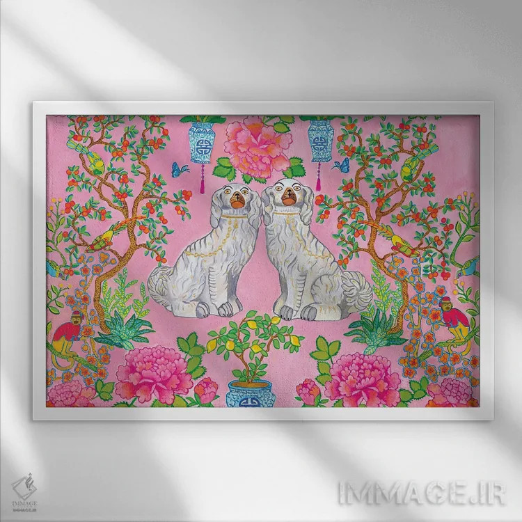 تابلو دکوراتیو سگ های استافوردشایر چینی در زمینه صورتی اثر گرین ارکید بوتیک - نمای قابدار سفید