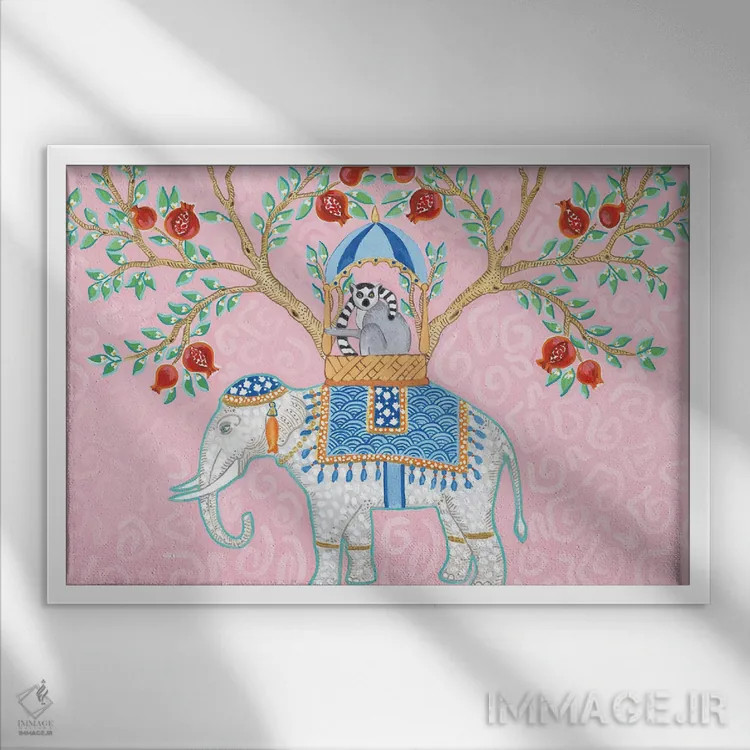 تابلو دکوراتیو فیل چینی با میمون لمور اثر گرین ارکید بوتیک - نمای قابدار سفید