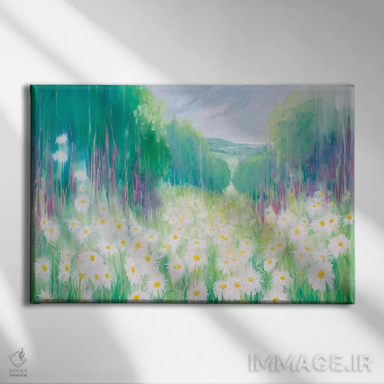 تابلو انتزاعی میان گل های بابونه تا دریا اثر گیل بوستامانته - نمای روبهرو روی دیوار
