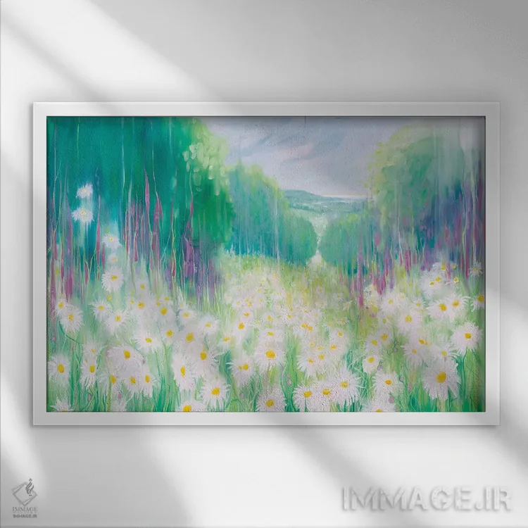 تابلو انتزاعی میان گل های بابونه تا دریا اثر گیل بوستامانته - نمای قابدار سفید