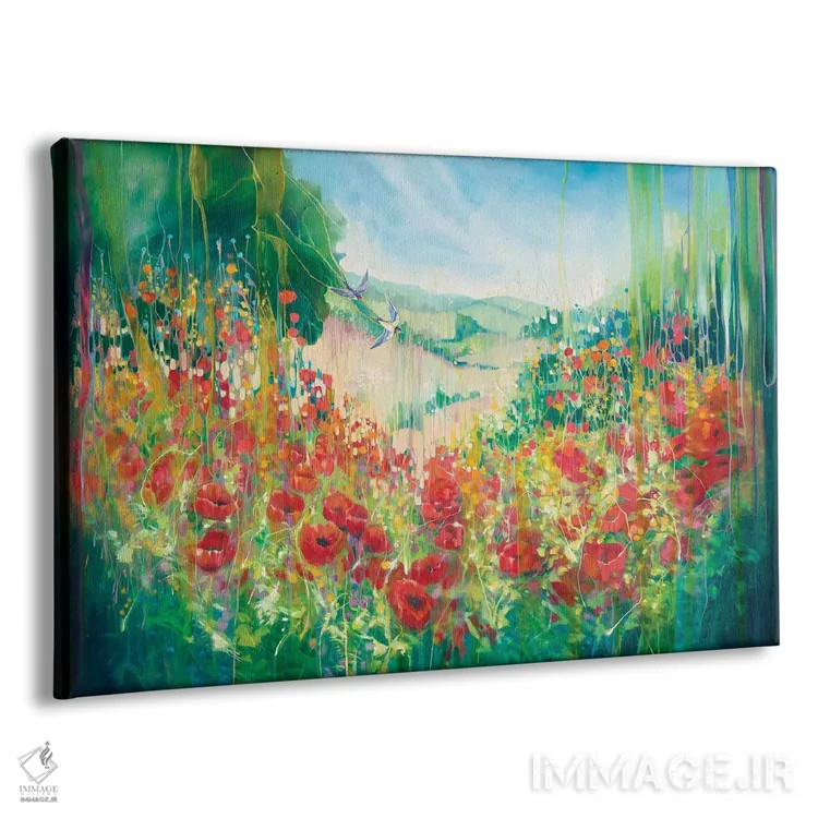 تابلو انتزاعی رهایی طبیعت، منظره ای انگلیسی با گل شقایق و چلچله اثر گیل بوستامانته - نمای پرسپکتیو محصول