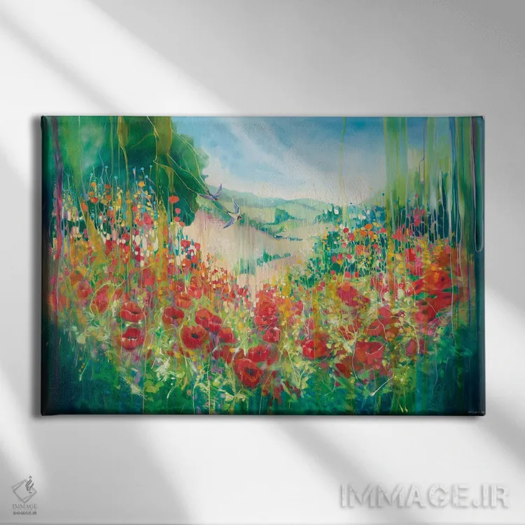 تابلو انتزاعی رهایی طبیعت، منظره ای انگلیسی با گل شقایق و چلچله اثر گیل بوستامانته - نمای روبهرو روی دیوار