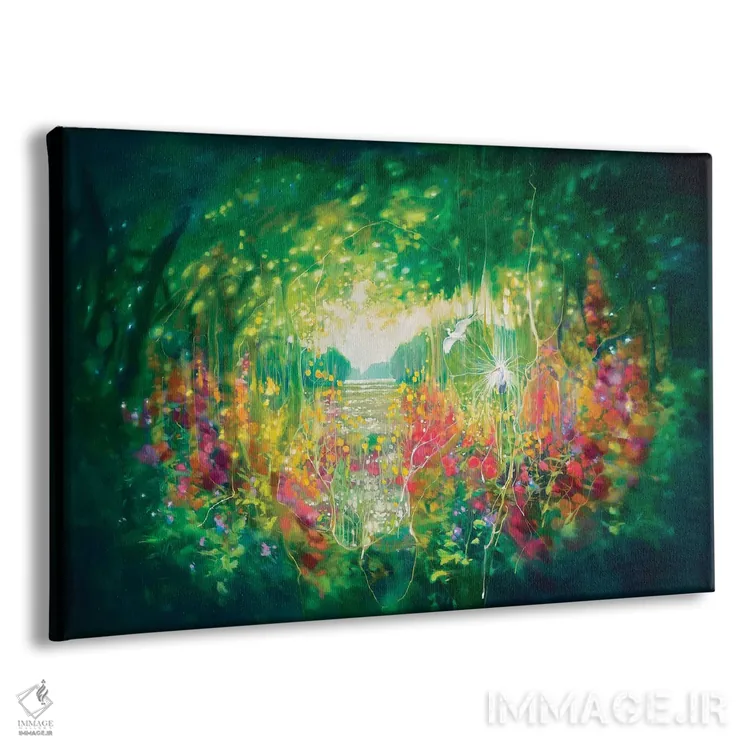 تابلو انتزاعی آواز آگوست، باغ مخفی سبز با دریاچه، درختان و حواصیل سفید اثر گیل بوستامانته - نمای پرسپکتیو محصول