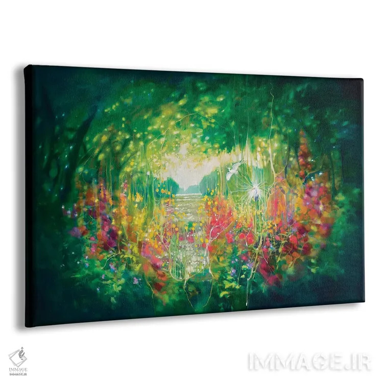 تابلو انتزاعی آواز آگوست، باغ مخفی سبز با دریاچه، درختان و حواصیل سفید اثر گیل بوستامانته - نمای پرسپکتیو محصول