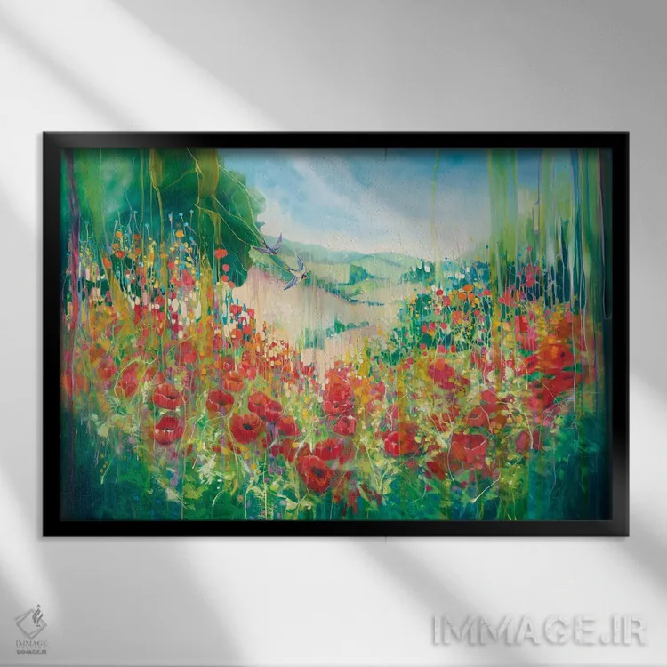 تابلو انتزاعی رهایی طبیعت، منظره ای انگلیسی با گل شقایق و چلچله اثر گیل بوستامانته - نمای قابدار مشکی
