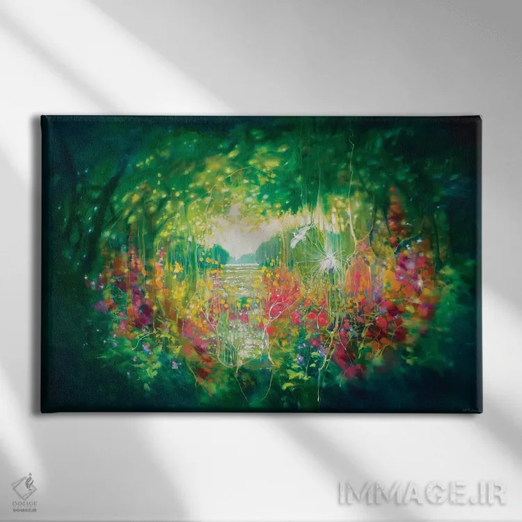 تابلو انتزاعی آواز آگوست، باغ مخفی سبز با دریاچه، درختان و حواصیل سفید اثر گیل بوستامانته - نمای روبهرو روی دیوار