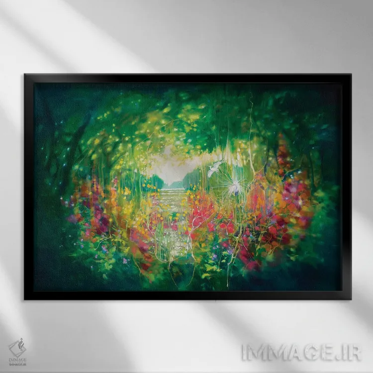 تابلو انتزاعی آواز آگوست، باغ مخفی سبز با دریاچه، درختان و حواصیل سفید اثر گیل بوستامانته - نمای قابدار مشکی