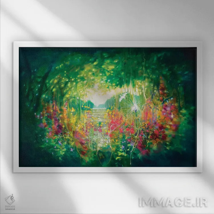 تابلو انتزاعی آواز آگوست، باغ مخفی سبز با دریاچه، درختان و حواصیل سفید اثر گیل بوستامانته - نمای قابدار سفید