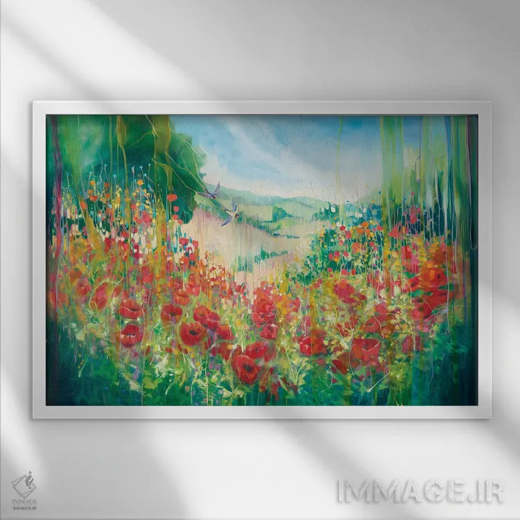 تابلو انتزاعی رهایی طبیعت، منظره ای انگلیسی با گل شقایق و چلچله اثر گیل بوستامانته - نمای قابدار سفید
